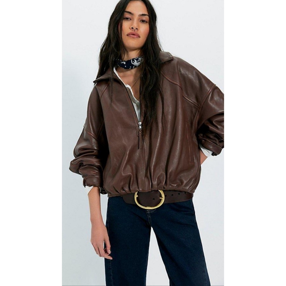 Free‎ People We The Free Sonny Leather Pullover Jacket Brunnete Brown Medium
